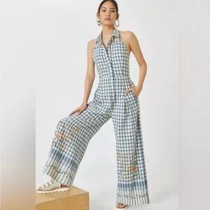 Anthropologie Blue Plaid Halter Jumpsuit